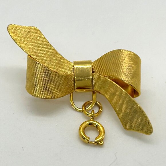 Gold-tone Bow Brooch Dangling Green Malachite Heart Pendant Sweetheart Valentine - Picture 11 of 16